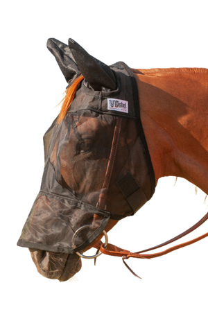 A brown horse wearing a black fly mask that covers the horse's nose, ears, and part of its face.