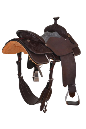 A brown Circle Y Mesquite Roper saddle with a horn on top and rigging straps, ready for use in rodeo or equestrian sports.