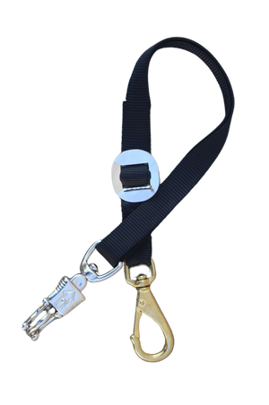 A black nylon trailer tie with a bull snap on one end and a panic snap on the other.