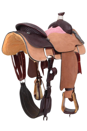A brown roper saddle with black iron sun conchos, a pink suede seat, and a nylon horn wrap. It features walnut finish with hand-tooling and a baby powder holder.
