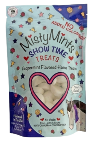 A package of MistyMints Horse Treats with a clear window showing the treats inside, in the shape of mint leaves, and a cartoon horse illustration on the front.