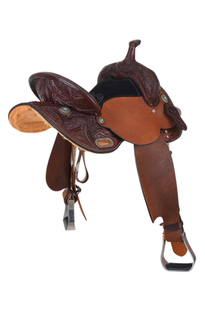 A brown Circle Y Dakota Barrel saddle with tooling details and a short round skirt designed for comfort in tight turns.