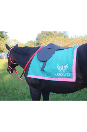 A custom saddle towel with blue, white, and pink colors, featuring embroidery on the sides.
