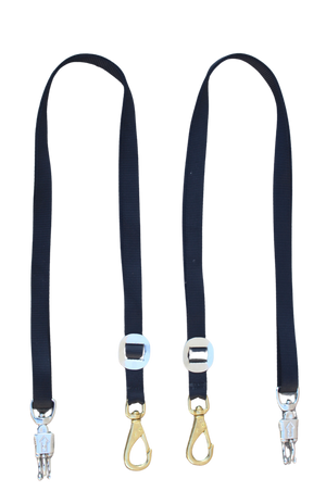 A pair of navy blue nylon cross ties with metal clasps and buckles.