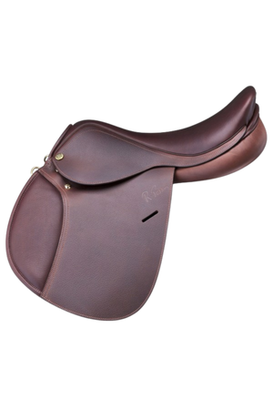 A brown Pessoa pony saddle with a flat knee pad and minimal rigging.