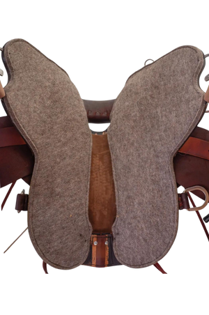 A brown Circle Y Little River Trail Saddle with a double padded seat, felt-lined skirt, stainless steel rings, and easy-care fleece.