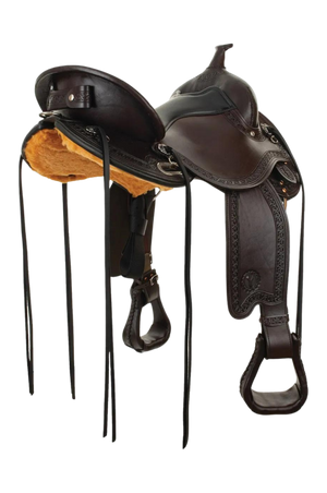 A brown and black Circle Y South Mountain Flex 2 Trail saddle with a short skirt designed for short-backed horses.