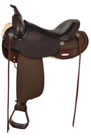 A brown Circle Y Willow Springs Cordura Trail saddle with silver conchos and a butterfly skirt shape, including stirrups and nylon tie straps.