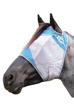 A gray horse fly mask covering the horse's eyes and head, with an open design at the front.