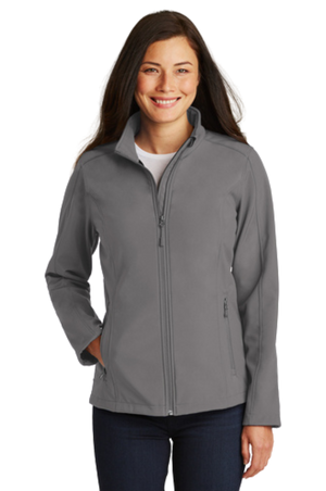 softshell jacket with a zip-through cadet collar, chin guard, and front zippered pockets.