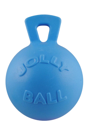 Dog toys designed to be thrown for retrieval, one red and one blue, with the text 'JOLLY BALL' embossed on them.