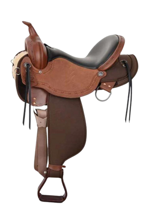 A brown High Horse Iron Weed Cordura Western Trail Saddle with a wide tree. It features a roughout seat jockey, double padding in the seat, short round skirts, and Cordura material on the skirt and fenders.