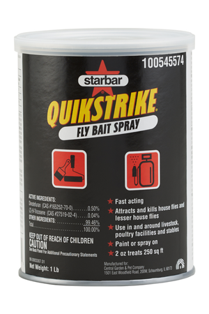 A can of Starbar Quickstrike Fly Bait Spray with product information and branding visible.