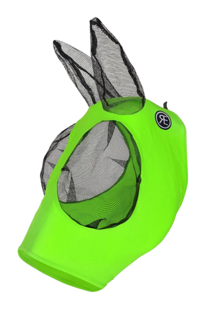 A bright green Reinsman Lycra Fly Mask for horses with black mesh covering over the ears and eyes, displayed against a white background.