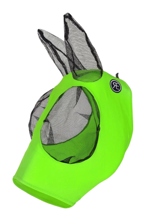 A bright green Reinsman Lycra Fly Mask for horses with black mesh covering over the ears and eyes, displayed against a white background.