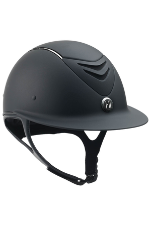 A black equestrian riding helmet with a wide brim and chrome stripe details.