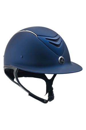 equestrian riding helmet with a wide brim and chrome stripe details.