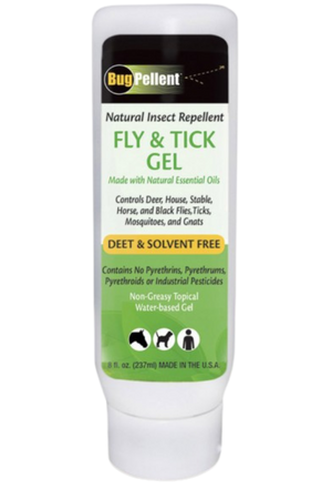 A tube of BUG PELLENT GEL, natural insect repellent designed for use on animals, with white and green label detailing product information.