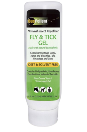 A tube of BUG PELLENT GEL, natural insect repellent designed for use on animals, with white and green label detailing product information.