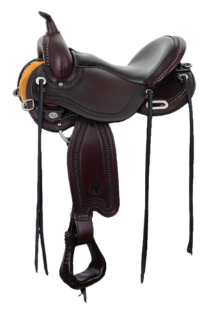 A brown and black Circle Y Snowy River Flex2 Trail Saddle with a double and spot border design.