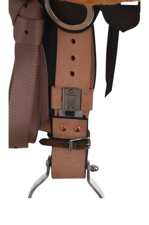A brown western saddle with sunflower design and custom border tooling, including a matching flank cinch, made by Circle Y.