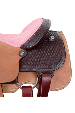 A brown roper saddle with black iron sun conchos, a pink suede seat, and a nylon horn wrap. It features walnut finish with hand-tooling and a baby powder holder.