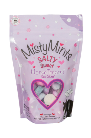 A package of MistyMints Horse Treats with a clear window showing the treats inside, in the shape of mint leaves, and a cartoon horse illustration on the front.