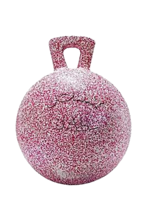 A pink and white Jolly Ball with a handle designed for horse play.