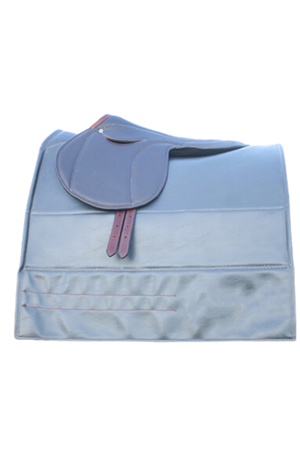 A gray custom embroidered saddle pad with pink embroidery on the sides.