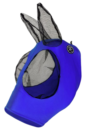Reinsman Lycra Fly Mask for horses with black mesh covering over the ears and eyes, displayed against a white background.