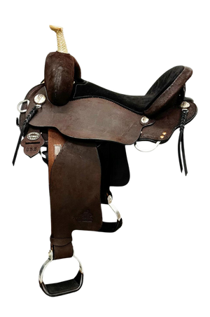 A brown leather saddle designed for horse racing, featuring ultra-short skirts and an all-leather design.