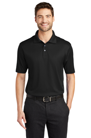 A man wearing a short-sleeved performance polo shirt with a collar, a 3-button placket, and black pants.
