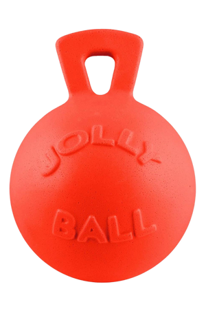 Dog toys designed to be thrown for retrieval, one red and one blue, with the text 'JOLLY BALL' embossed on them.