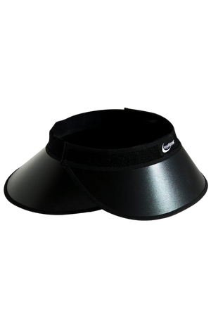 A black golf visor with a bow detail in the front.