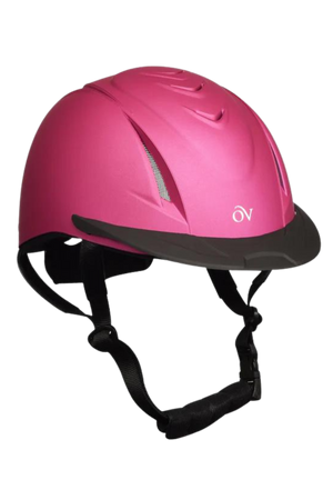 A pink Ovation Riding Metallic Schooler Helmet with an easy-adjust dial, high flow vents, and a black chin strap.