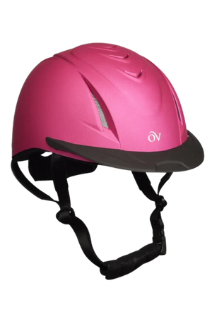 A pink Ovation Riding Metallic Schooler Helmet with an easy-adjust dial, high flow vents, and a black chin strap.