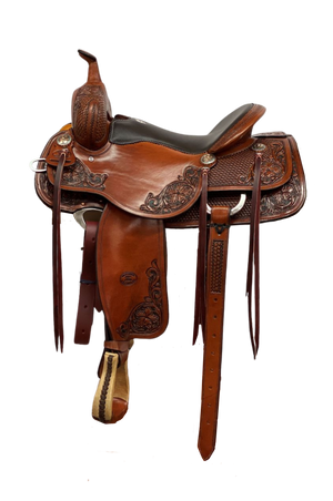 A brown Billy Cook Arbuckle Ranch saddle with rawhide-covered bars, waffle tooling, and brass hardware.