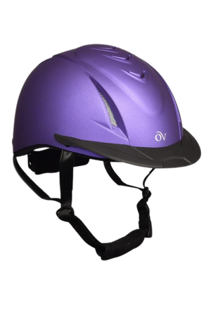 A pink Ovation Riding Metallic Schooler Helmet with an easy-adjust dial, high flow vents, and a black chin strap.