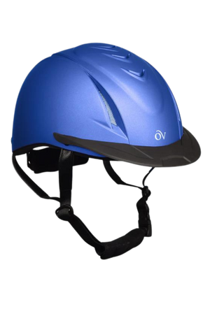 A pink Ovation Riding Metallic Schooler Helmet with an easy-adjust dial, high flow vents, and a black chin strap.