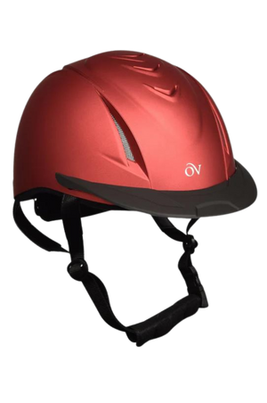 A pink Ovation Riding Metallic Schooler Helmet with an easy-adjust dial, high flow vents, and a black chin strap.