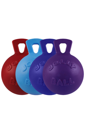 Dog toys designed to be thrown for retrieval, one red and one blue, with the text 'JOLLY BALL' embossed on them.