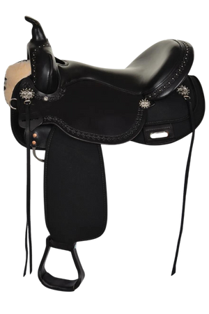 A brown Circle Y Willow Springs Cordura Trail saddle with silver conchos and a butterfly skirt shape, including stirrups and nylon tie straps.