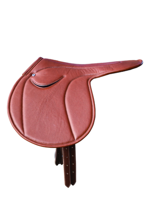 A brown leather exercise saddle with a lightweight aluminum tree, designed for thoroughbred horses.