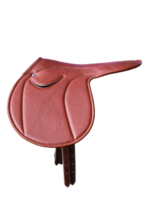 A brown leather exercise saddle with a lightweight aluminum tree, designed for thoroughbred horses.