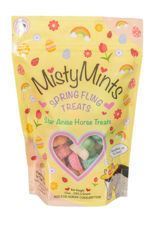 A package of MistyMints Horse Treats with a clear window showing the treats inside, in the shape of mint leaves, and a cartoon horse illustration on the front.