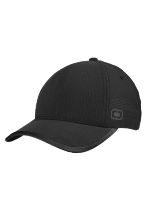 A black structured mesh cap with reflective details and a hook and loop closure.