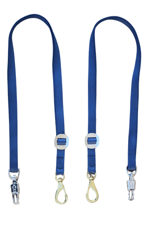 A pair of royal blue nylon cross ties with metal clasps and buckles.