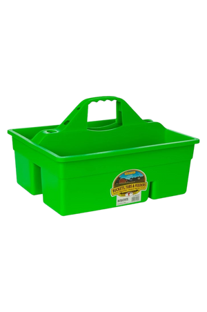 A large plastic tote box with multiple compartments and an easy-grip handle.