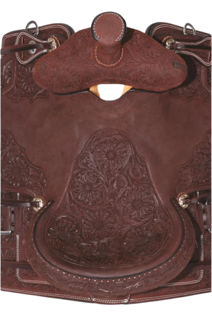 A brown Circle Y Burnett Flex2 Trail Saddle with detailed tooling and a classic ranchy look.