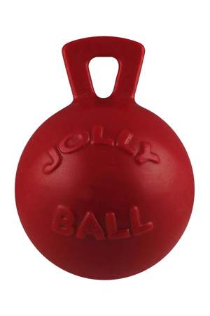Dog toys designed to be thrown for retrieval, one red and one blue, with the text 'JOLLY BALL' embossed on them.